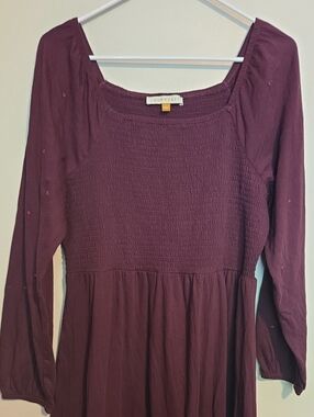 DownEast Deep Plum Smocked Square-Neck Long Sleeve Dress